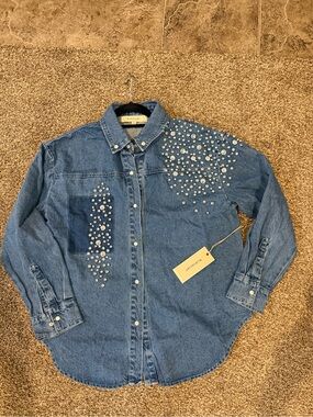 Embellished Denim Button-Down Shirt - Blue